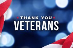 Thank You Veterans Text with American Flag Border Over Blue Lights Background for Memorial Day and Veterans Day Holidays