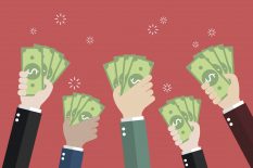 Businessman holding money for auction bidding. Vector illustration